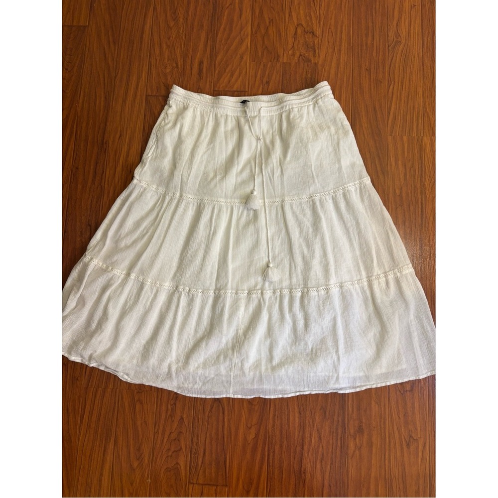 Talbots White Tiered Midi Skirt XL Elastic Waist Tassel Drawstring Boho Lined